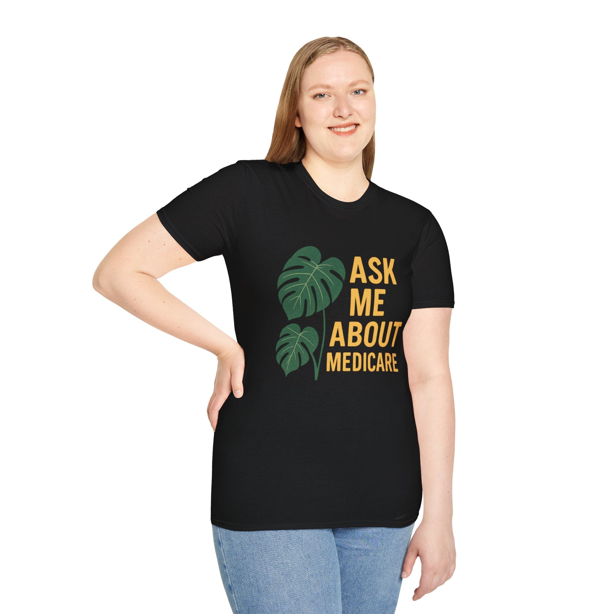 Ask Me About Medicare – Monstera + Gold Edition 🌿💛 Unisex Softstyle T-Shirt