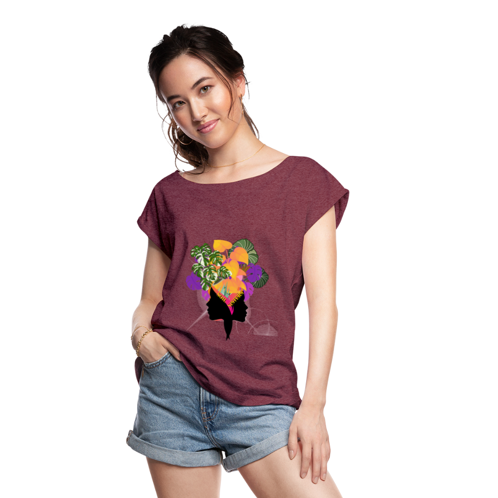 The "Soil Sisters" Women's Roll Cuff T-Shirt - heather burgundy