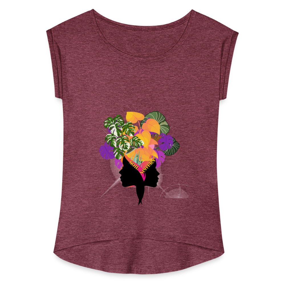 The "Soil Sisters" Women's Roll Cuff T-Shirt - heather burgundy