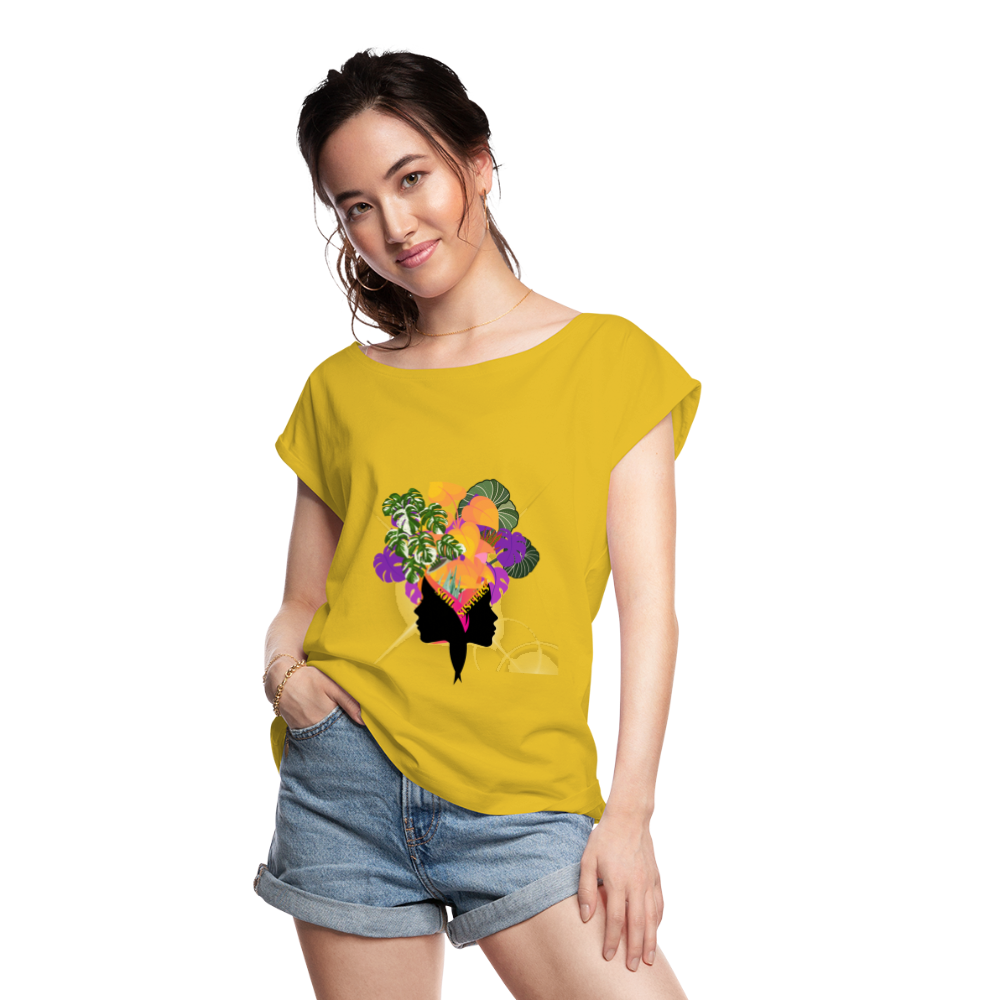 The "Soil Sisters" Women's Roll Cuff T-Shirt - mustard yellow